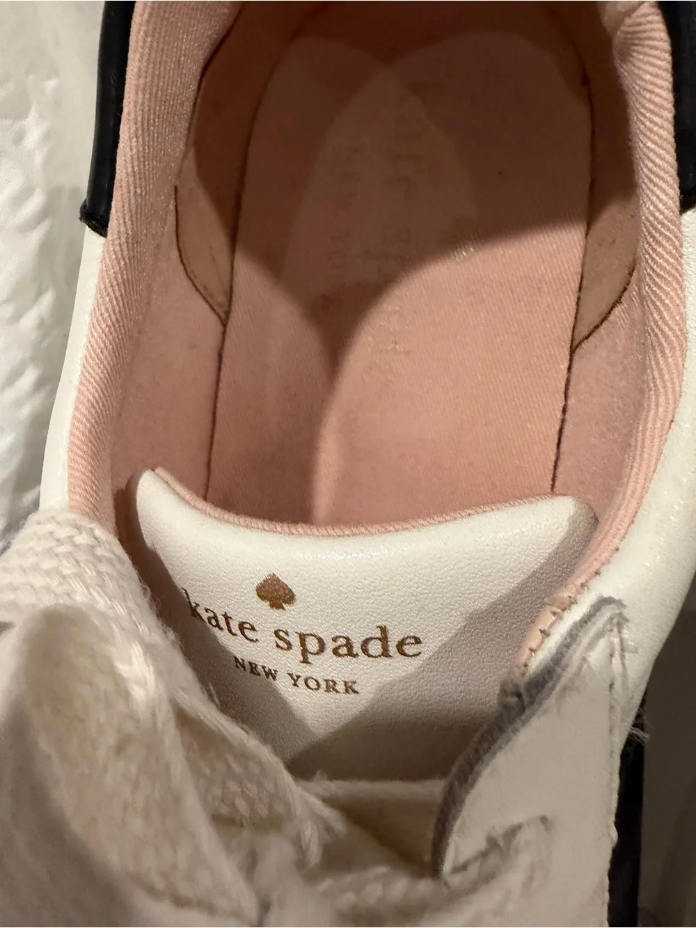 kate spade White Leather Sneakers with Black Stripe and Pink Lining